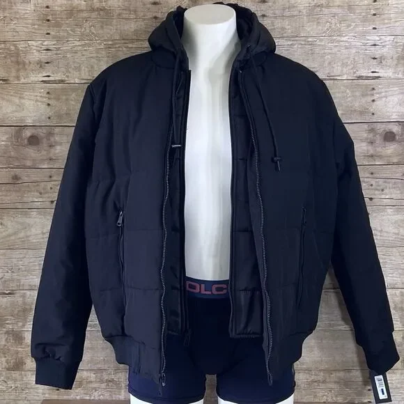 Kenneth Cole Mens Hooded‎ Puffer Jacket Black Double Zip Bib Bomber Coat KC NEW